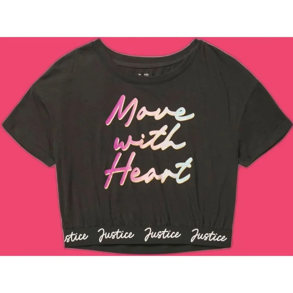 JUSTICE Dance Gymnastics Crop Move With Heart Black Shirt GIRLS SIZE XS 5-6 NEW
